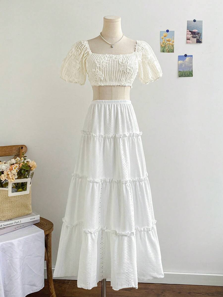 Soleia Embroidered Mesh Puff Sleeve Tied Cropped Knit Blouse - White - View 1