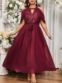 SHEIN Unity 大码优雅派对和婚礼季节船领亮片拼接雪纺高腰 A 字连衣裙