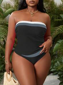 Slaydiva Conjunto de tankini de talla grande para mujer con bloques de color y bandeau, traje de baño con espalda descubierta y tiras, ropa de playa de alto estiramiento