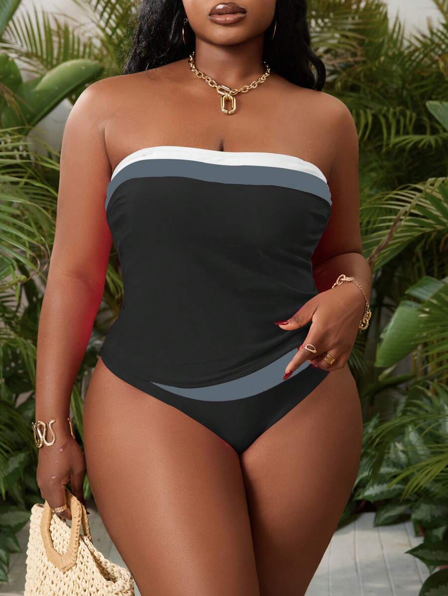 Slaydiva 大码女式拼色抹胸比基尼套装、露背吊带泳装、高弹力沙滩装 - 彩色 - 查看 1