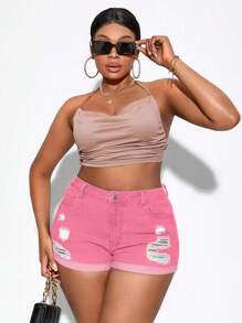 Slaydiva Plus Size Summer Casual Distressed Denim Shorts - Pink - View 5