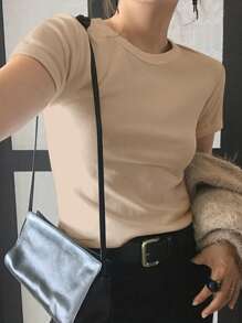 DAZY T-shirt blanc col rond ajusté unicolore pour femme, manches courtes, printemps/été