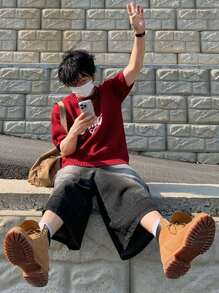 DAZY Summer Men's Red Printed Letter Knit Sweater Business Attire - Hot Pink - View 3