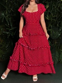 Flirla Plus Size Women Polka Dot Swing Casual Short Sleeve Dress - Multicolor - View 5