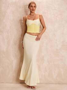 Glamine 2pcs Set Elegant Color Block Spaghetti Strap Fishtail Skirt - Yellow - View 2