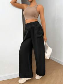 SHEIN EZwear Plus Size Women Solid Color Elastic Waist Pocket Loose Casual Pants