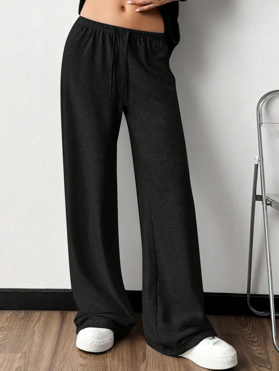 SHEIN Quần dài dệt kim rộng rãi, giản dị, màu đen cho bé gái tuổi teen, mặc ở nhà vào mùa xuân, mùa hè, mùa thu và mùa đông - màu đen - Xem 1