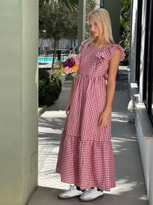 SHEIN EZwear 方领格子蝴蝶结连衣裙，甜美中长连衣裙，夏季新品 - 紅色 - 查看 4