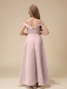 Girls Off Shoulder Strap Shiny Satin Rhinestone Embellished Flared Long Formal Dress For Wedding, Prom, Birthday Party, Performance - Dusty Pink - View 2