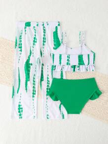 Young Girl 3-Piece Swimwear Set, Printed Random Pattern - Green - View 2