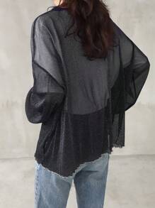 FRIFUL Women's Loose Blue Mesh Sheer Overlay Round Neck Top, Layered Design For Spring/Summer Long Sleeve Women Tops - Black - View 4