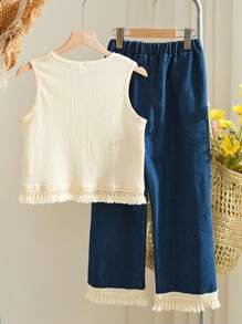 2pcs Tween Girl Cute Girl Fashion Tasseled Sleeveless Top & Denim Shorts Set, Suitable For Beach Vacation, Spring/Summer - Multicolor - View 2