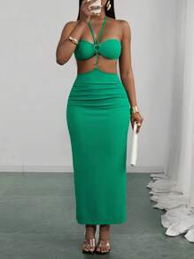 Slaydiva 2025 Summer New Music Festival, Easter, Western, Nomadic, Elegant, Dignified, Wedding, Birthday, Graduation, Student, Daily Wear, All-Match Versatile, Casual, Vacation, Cruise Travel, Beach, Sunbathing, Viral Women Dress With Cutout Waist, Textured Fabric, Metal Ring, Neck Tie, Ruched, Open Back, Crochet, Mesh - Green - View 1