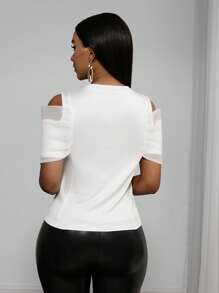 Slaydiva 2025夏季新款音乐节,复活节,西部风,游牧风,优雅风,端庄风,适合参加婚礼,生日派对,毕业季,学生装,日常出游,百搭百搭,休闲,度假,邮轮旅行,沙滩,海边,享受阳光,热销单品,浪漫,超级蝴蝶结,圆领,露肩,网眼拼接,白色女T恤 - 白色 - 查看 3