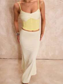 Glamine 2pcs Set Elegant Color Block Spaghetti Strap Fishtail Skirt - Yellow - View 1