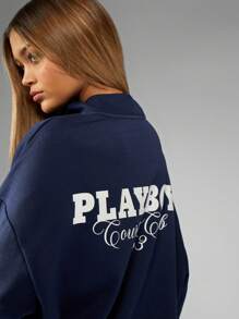 Missguided x Playboy Tennisclub Reißverschluss Sweatshirt lässige Freizeitsportmode Collegestil Logo entspannte Passform Herbst Winter Freizeitkleidung Streetwear - marineblau - Übersicht 4