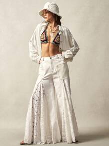 Bohemela Pantalones acampanados de cintura media de unicolor con estilo bohemio patchwork - Blanco - Ver 7