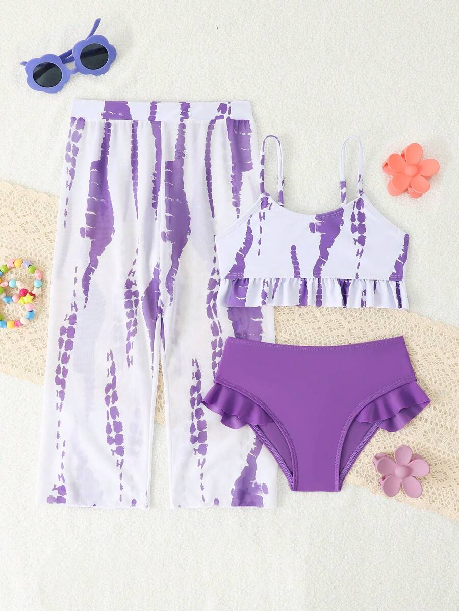 3pcs Young Girl Swimwear Set, Printed Design, Separated - Purple - View 1