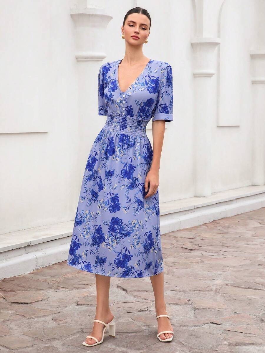 GENKIRA French Retro Tea Break Printed Elegant Shirred Button Front Cinched Waist Fitted Lantern Sleeve Midi Dress For Women Boho Vacation Fashionable Style All Over Print For Summer Spring Fall Autumn - Multicolor - View 1