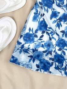 SHEIN 少女花卉网眼露背度假/节日连衣裙，复古//沙滩/大海/优雅/可爱，春夏，新年，情人节 - 藏蓝色 - 查看 4