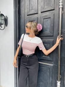 Pariaura 法式时尚女款条纹露背短袖 T 恤，春夏