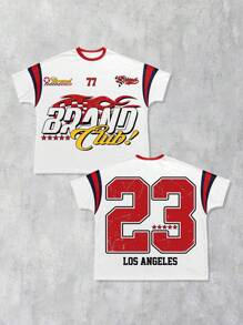 ROMWE MEN Prep Men's Casual Contrast Color Letter & Number Print Ragged T-Shirt