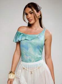 COSMINA Top asymétrique col élégant femme, imprimé tye-dye, été