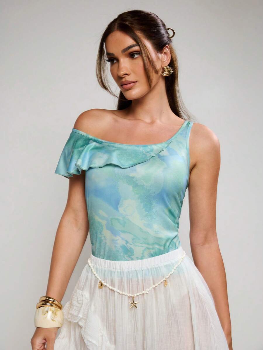 COSMINA Top asymétrique col élégant femme, imprimé tye-dye, été