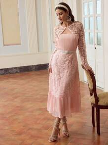 ZEYLAH Women's Long Sleeve Lace Patchwork Pleated Midi Dress, Minimalist And Fashionable, Suitable For Summer - Pink - View 6