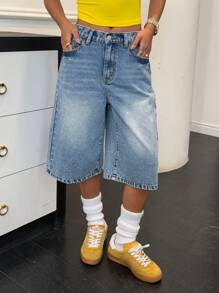 SHEIN Pantalons capris longs amples en jean délavé à taille basse pour adolescentes, printemps été, Tenues bohèmes larges pour vacances à la plage d'été, Tenues d'été pour brunch, remise des diplômes, Tenues streetwear pour festivals de concerts d'été