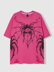 ROMWE MEN Anime Men's Gothic Spider Distressed Snow Washed T-Shirt, Spring/Summer, Halloween - Pink - View 1