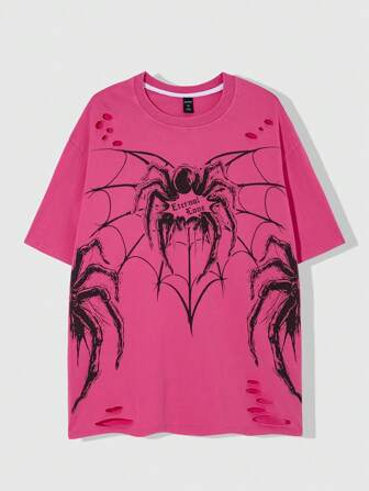 T-shirt délavé à l'eau homme gothique araignée déchiré, printemps/été, Halloween