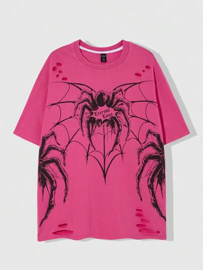 Goth Camiseta de hombre con teñido anudado y estampado de araña gótica desgastada, para primavera/verano, Halloween
