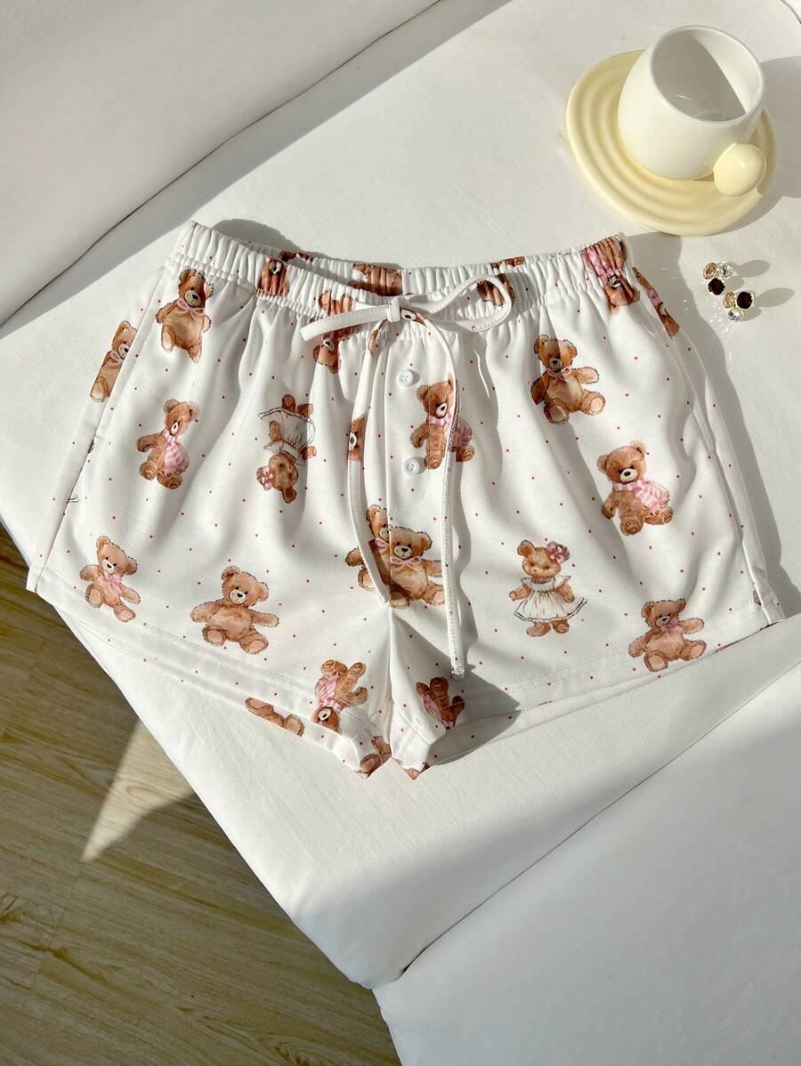 Lunelith SHEIN Lunessa Women's Cute Bear Floral Print Shorts, For Spring/Summer Home Wear