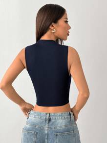 SHEIN PETITE Black Mock Neck Ruched Tank Top, Simple And Fashionable, Suitable For Summer,Rave Top - Navy Blue - View 2
