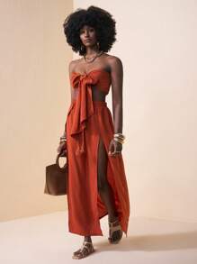 Slaydiva Vacation Style Tight Strapless Tube Top And High Slit Loose Wide Leg Pants For Summer - Brown - View 1