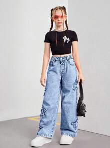 SHEIN Streecool Kids Tween Girls New Y2K Style Pink Patch Star Embroidered Loose Denim Flare Pants, Street Casual Versatile Fashion Piece, Chic Girls Must-Have Summer Holiday