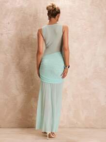 Glamine Glamine Mesh Overlay Ruffle Dress Split See Through Breezy Sea Salt, Light Blue, Light Green Vacation Dress Summer Outfits Vacation Outfits Woman Summer Clothes Dress For Women