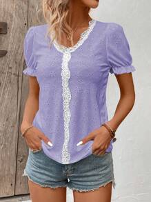 SHEIN LUNE Women's Vacation Contrast Lace Embroidered Puff Sleeve T-Shirt - Multicolor - View 4