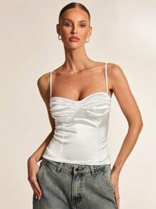 Glamine Top de satin blanc sexy dos nu froncé, top pour soirée, fête de vacances, sortie, anniversaire, top de base