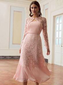 ZEYLAH Women's Long Sleeve Lace Patchwork Pleated Midi Dress, Minimalist And Fashionable, Suitable For Summer - Pink - View 1