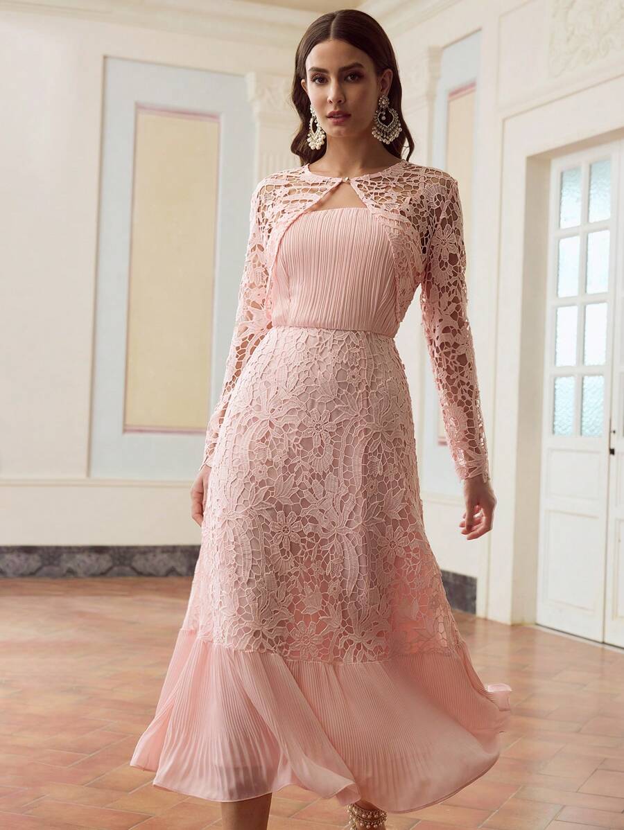 ZEYLAH Váy xếp ly ren, tối giản và thời trang, phù hợp cho mùa hè - Hồng - Xem 1