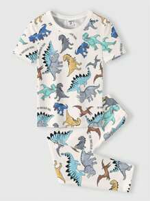 Young Boy Casual Minimalist Snug Fit Round Neck Short Sleeve Pajama Set, Comfortable For All Seasons