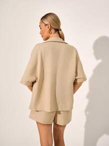 SHEIN LUNE 2 pièces/Set Femme Chemise et Short Monochromes à Manches Courtes, Style Minimaliste Adapté à l'Été