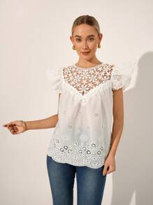 SHEIN Clasi Women's Embroidered Contrast Lace Loose Blouse With Cap Sleeves - White - View 5