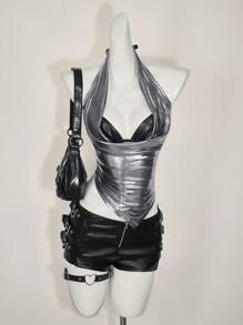 SHEIN ICON Áo không tay hở lưng cổ xếp nếp gợi cảm bằng kim loại cho nữ, trang phục đi nghỉ Boho mùa hè, trang phục đi nghỉ thanh lịch, váy dự tiệc cưới giản dị cho nữ, áo Rave - Bạc - Xem 3