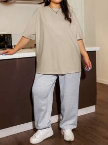 SHEIN EZwear 大码女式纯色圆领落肩休闲 T 恤 - 棕色 - 查看 1