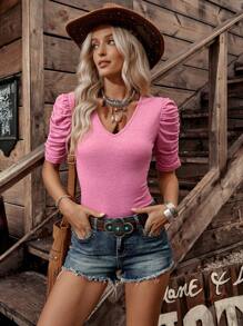 LanaWest Camiseta de mujer de unicolor con cuello en V y mangas obispo estilo retro para vacaciones