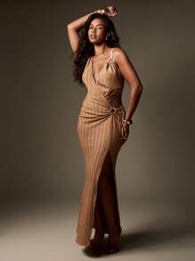 MISSGUIDED 罗纹针织长裙，侧开衩，垂坠裹身设计，金属环细节，无袖及地长裙，适合晚会、派对、特殊场合 - 棕色 - 查看 3