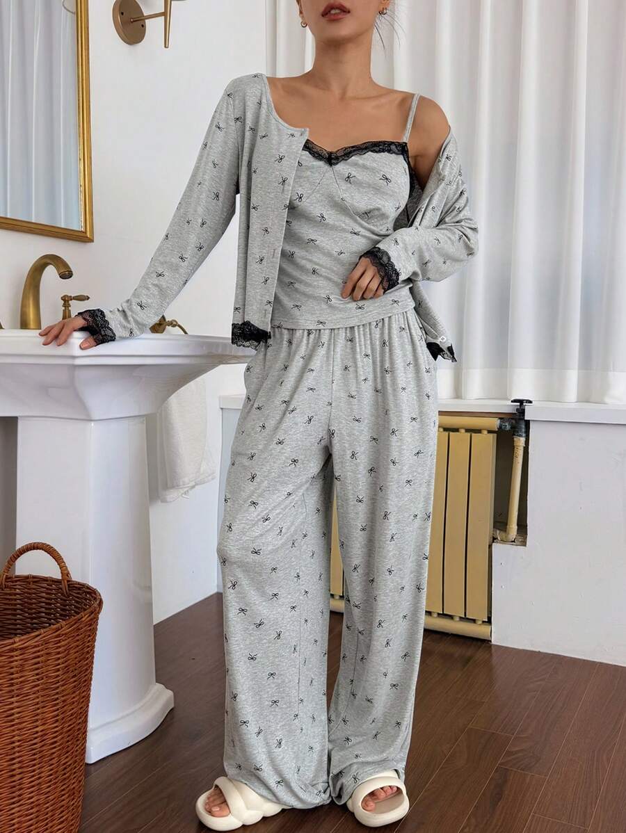 DAZY 3pcs/Set Spring Bow Allover Print Color Block Lace Patchwork Camisole Top & Pants Pajama Sleepwear Set - Grey - View 1